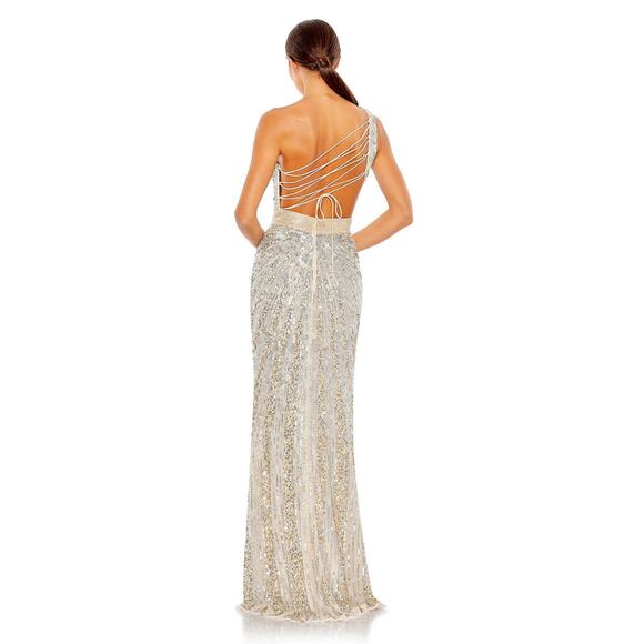 Mac Duggal 5687 Nude Silver Sequin Beaded Lace Up One Shoulder Formal Gown 8 - Picture 2 of 9